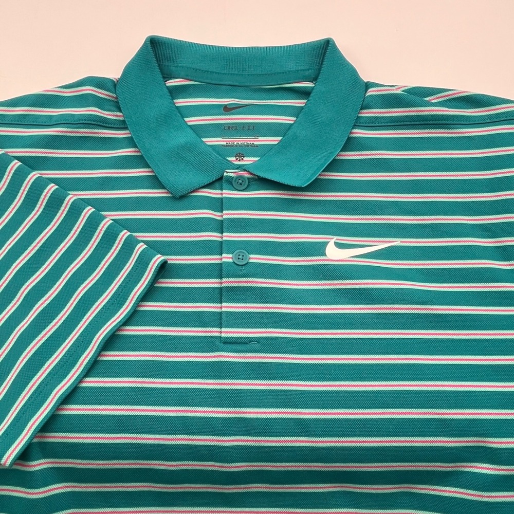 Nike Dri-FIT Mens Striped Golf Polo Shirt Teal Pink DH0829-367 Size S